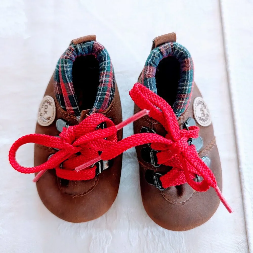 VTG 80s Dyna Kids Brown Baby Shoes Size 2 Red Laces Tartan Plaid Preppy Classic